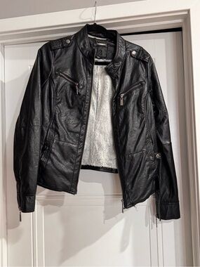 Black Faux Leather Moto Jacket with Sherpa Lining